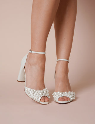 Charlotte Mills Lulu Pearl Ivory pearl embellished high block heel bridal shoe